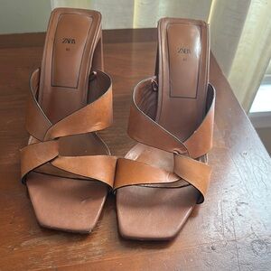 Zara Brown Leather Mules with Geometric Straps